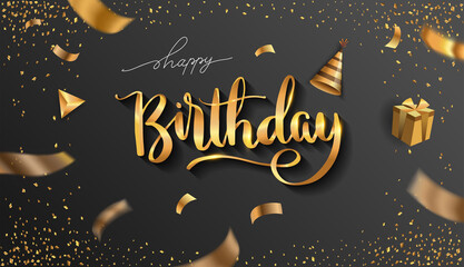 Fototapeta na wymiar Happy Birthday typography design for greeting cards and invitation, with balloon, confetti and gift box, elegant design with gold and black color, design template for birthday celebration.