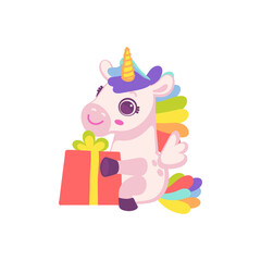 Vector isolated illustration of cartoon pink pony horse or unicorn with gift