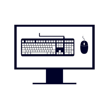 Monitor screen with keyboard and mouse icon illustration. Vector illustration