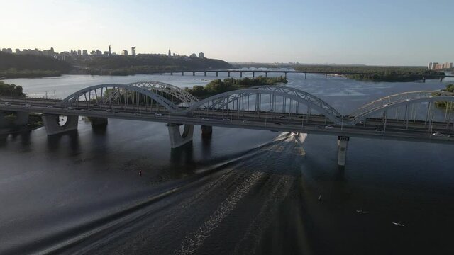 Bridge. The railway bridge runs across the Dnieper River. Ukraine. Kiev. Aerial view.