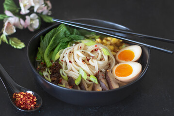 Vegetarian Ramen soup with mushrooms, vegetables, and pickled egg