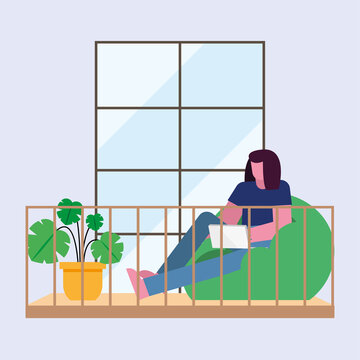 woman with laptop working on puf from home vector design