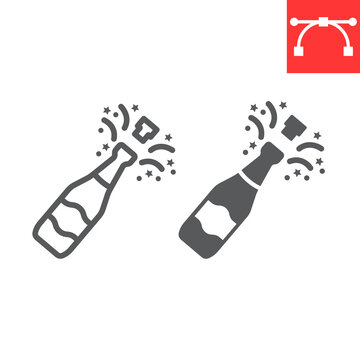 Champagne bottle popping line and glyph icon, merry christmas and drink, alcohol sign vector graphics, editable stroke linear icon, eps 10.