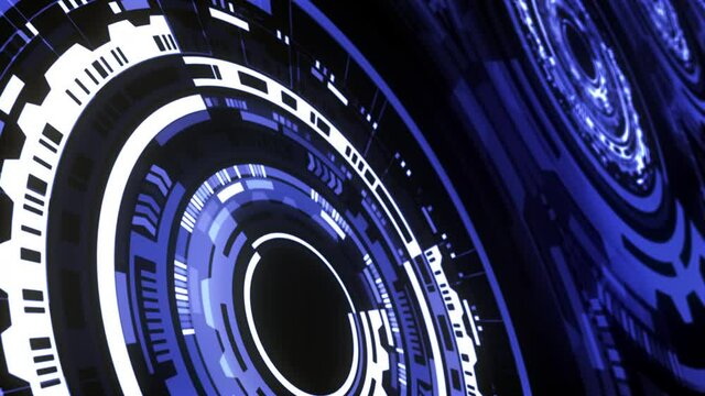 Abstract 3D perspective blue glowing technology motion design with HUD gear. 4K Rotating futuristic digital gears motion graphic for science, technology title intro background.