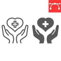 Health care line and glyph icon, AIDS and giving love, heart with hands sign vector graphics, editable stroke linear icon, eps 10.