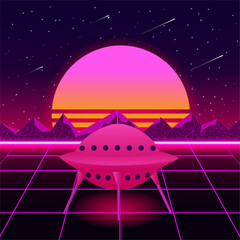 Retro background fantasy futuristic world cyber space cosmos. Digital landscape. 3d planets with holographic gradient. color is dark purple. Poster and banner 80s and 90s. flying saucer, Ufo. Vector