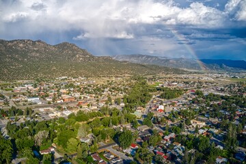 Aerial View of Buena Vista, Colorado in Summer with Rainbow