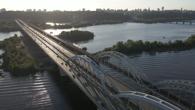 Bridge. The railway bridge runs across the Dnieper River. Ukraine. Kiev. Aerial view.