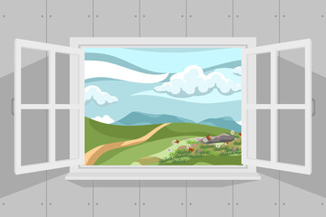 Fototapeta premium Open window with beautiful summer landscape. Vector illustration