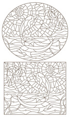 Set of contour illustrations of stained glass Windows with dolphins on the background of the sky and ocean, dark contours on a white background
