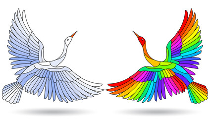 Set of stained glass illustrations with birds, bright rainbow birds isolated on a white background