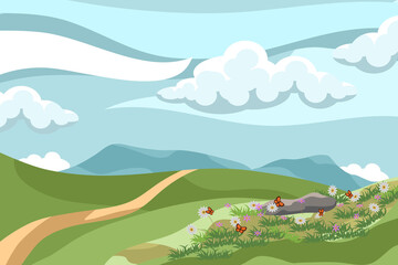 Vector illustration of beautiful summer landscape with flowers