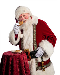 Happy Santa Claus picking up Christmas cookies on the plate, isolated on white background