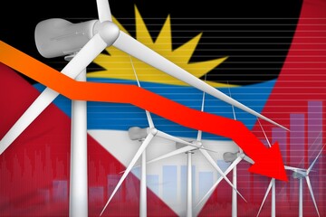 Antigua and Barbuda wind energy power lowering chart, arrow down - modern natural energy industrial illustration. 3D Illustration