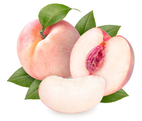 Peach fruit with leaves isolated on white background, Fresh Peach on White Background With clipping path, 