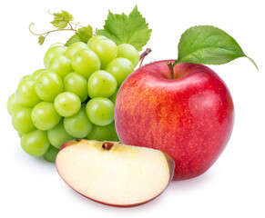 Red Apple and Green grape with leaves isolated on white background With clipping path, 