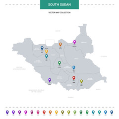 South Sudan map with location pointer marks. Infographic vector template, isolated on white background.