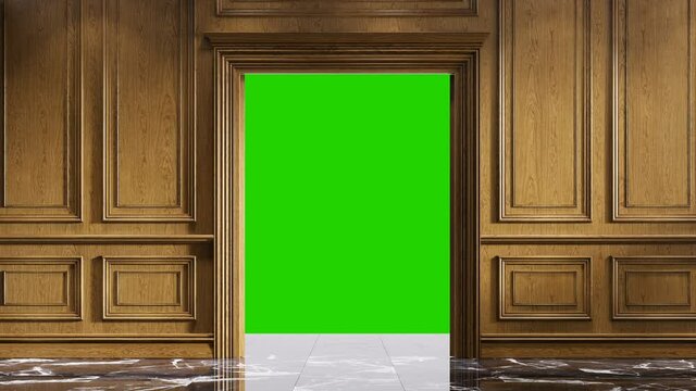 Classic door opening to the green chroma key background, 4k