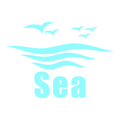 Fototapeta na wymiar Drawing of sea and gulls blue on white background, vector