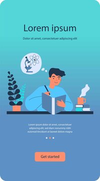Student guy studying chemistry. Man reading book, microscope and molecule in thought bubble flat vector illustration. Education, science concept for banner, website design or landing web page