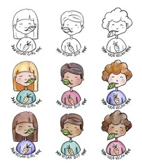 Vegan boy, vegan girl, vegan children watercolor cute drawing