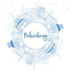 Outline Palembang Indonesia City Skyline with Blue Buildings and Copy Space.