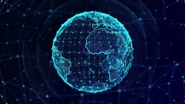 Animation of particle Earth Globe Rotating and Glow Light Shine Beam Loop With Alpha. big data technology, Connecting people Internet communications and business.