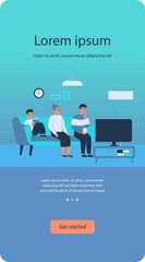 Happy family watching TV at home. Grandma, child and man sitting on couch in living room flat vector illustration. Leisure time, movie, show concept for banner, website design or landing web page