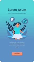 Cheerful girl selling her tooth. Child holding tooth, counting money, though cloud flat vector illustration. Tooth fairy, dental care, dentistry concept for banner, website design or landing web page