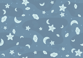Seamless Baby Pattern with Stars and Moon and Clouds - Repetitive Print Texture in Blue Tones, Vector Illustration