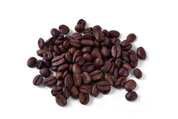 Scattered coffee beans on white background