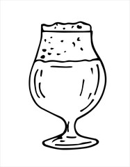 Beer glass, foam on top, outline,Vector illustration,hand drawn. Design for bar or pub menu.