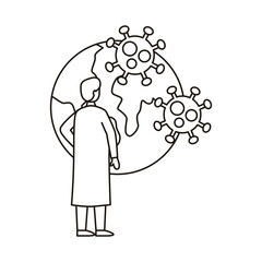 male doctor wearing medical mask with covid19 particles in world planet line style icon