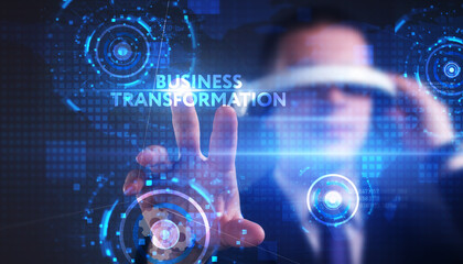 Business, technology, internet and network concept. Young businessman thinks over the steps for successful growth: Business transformation