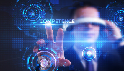 Business, technology, internet and network concept. Young businessman thinks over the steps for successful growth: Competence