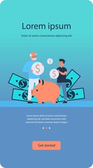 Grandfather teaching grandson to do money saving. Pig, deposit, coin flat vector illustration. Finance and wealth concept for banner, website design or landing web page