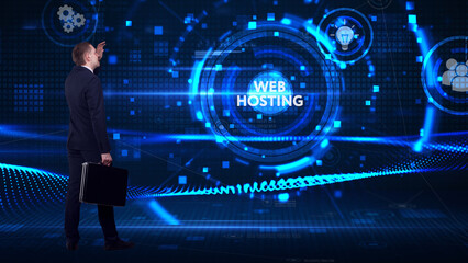 Business, technology, internet and network concept. Young businessman thinks over the steps for successful growth: Web hosting