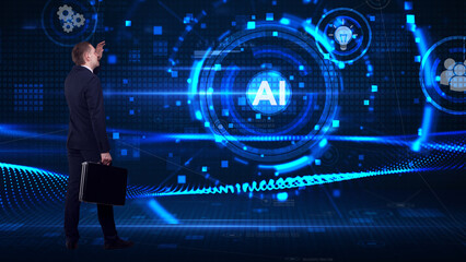 Naklejka premium Business, technology, internet and network concept. Young businessman thinks over the steps for successful growth: AI