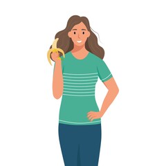 A young woman holds a banana. Flat cartoon vector illustration isolated on a white background. The concept of proper nutrition, diet, vegan