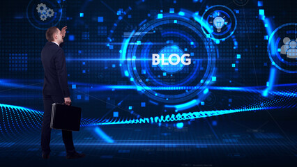 Business, technology, internet and network concept. Young businessman thinks over the steps for successful growth: Blog