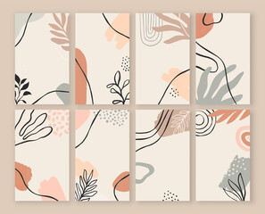 Abstract nature art card template collection. Minimalist pastel color bundle for phone background, product presentation or fashion design. Hand drawn plant leaf and tropical shapes with copy space.