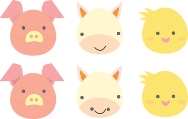 Fototapeta premium Set of Cartoon Faces Pig, Cat, Bird Vector Design Illustration