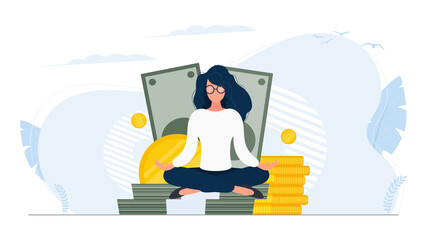 A girl in a lotus position sits on a mountain of gold coins. Dollars, gold coins. The concept of wealth, safety of money and capital. Vector.