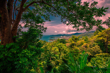 Natural high angle panoramic background With an atmosphere surrounded by mountains and trees, with a blurred wind, cool