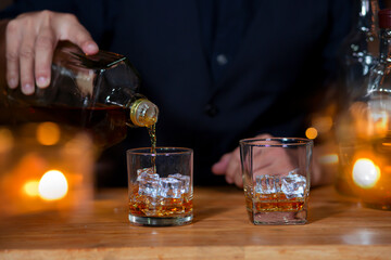 Bartender Serve Whiskey, on wood bar,