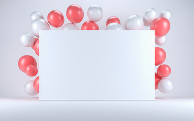 Pink and white balloon in a white interior around a white board. 3d render