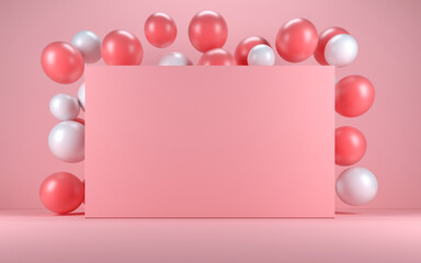 Pink and white balloon in a pink interior around a pink board. 3d render
