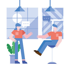 Coworking of woman and man with bubbles at office vector design