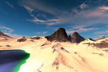 Fototapeta na wymiar Alien Planet. Mountain and lake. 3D rendering