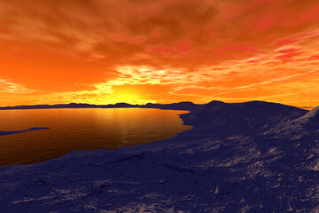 Fototapeta premium Alien Planet. Mountain and lake. 3D rendering